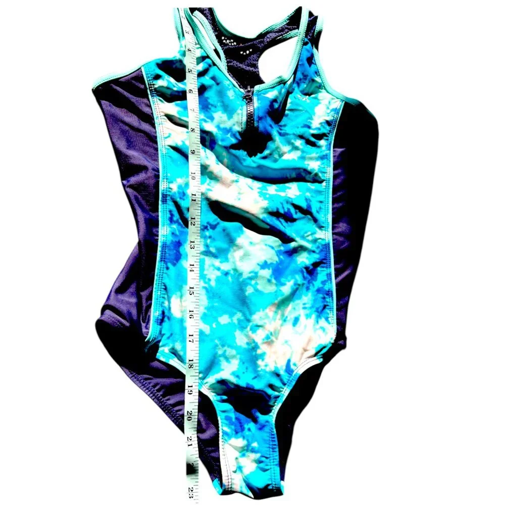 Zero Xposur girl's 14 one piece swimsuit green blue tie dye zip front racerback‎